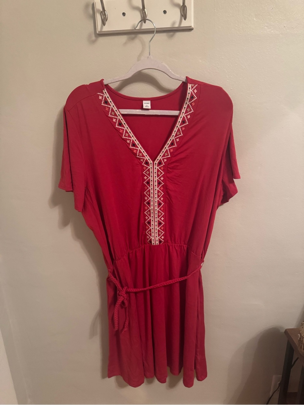 Old Navy Red V-Neck Dress with White Trim and Rope tie cinched waist- NWOT